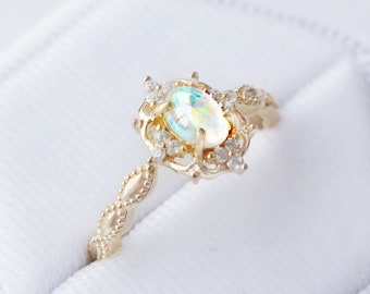 Vintage Natural Opal Ring-14K Yellow Gold Vermeil Engagement Promise Ring For Women October Birthstone- Anniversary Birthday Gift For Her