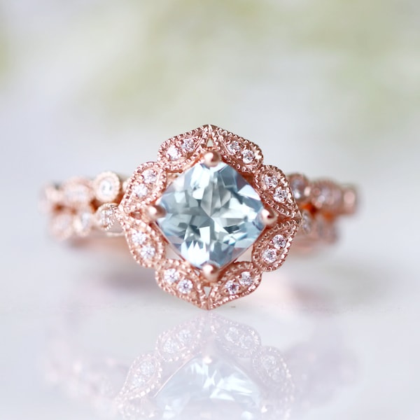10K/14K/18K Solid Rose Gold Aquamarine Ring- Vintage Engagement Ring- Milgrain Design Promise Ring-March Birthstone Anniversary Gift For Her