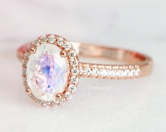 Rainbow Natural Moonstone Ring- 14K Rose Gold Vermeil Dainty Engagement Ring For Women Promise Ring June Birthstone Anniversary Gift For Her