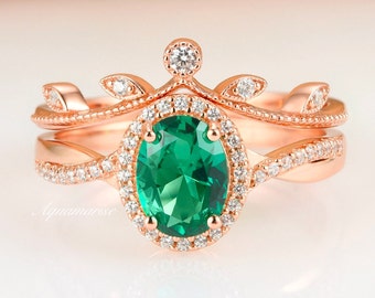 Oval Halo Emerald Ring Set- 14K Rose Gold Vermeil Engagement Twisted Vine Promise Ring- May Birthstone- Anniversary Birthday Gift For Her