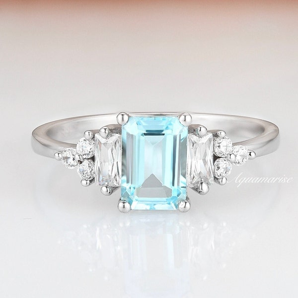 Amelia Aquamarine Ring- Sterling Silver Ring- Emerald Cut Aquamarine Engagement Ring- Promise Ring March Birthstone Anniversary Gift For Her