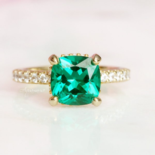 Emerald Ring- Hidden Halo Engagement Ring For Women 18K Gold Vermeil Cushion Cut Promise Ring- May Birthstone- Anniversary Gift For Her