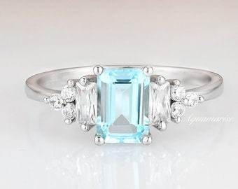 Amelia Aquamarine Ring- Sterling Silver Ring- Emerald Cut Aquamarine Engagement Ring- Promise Ring March Birthstone Anniversary Gift For Her