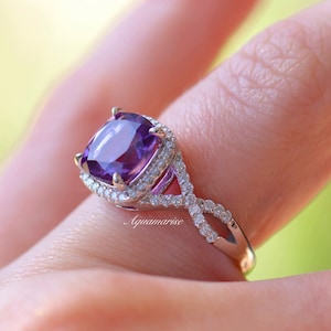 Cushion Cut Amethyst Ring- 925 Sterling Silver Ring- Twisted Vine Engagement Ring- Natural Amethyst Promise Ring- February Birthstone Ring