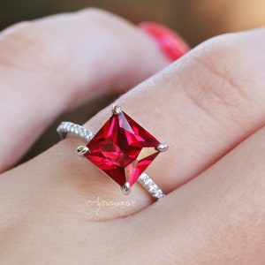 Princess Cut Ruby Ring- Sterling Silver 3CT Gemstone Engagement Ring For Women-  Promise Ring- July Birthstone Anniversary Gift For Her