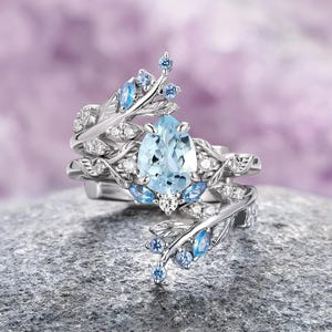 Wisteria Aquamarine Leaf Engagement Ring Set- Sterling Silver 2-piece Fairy Leaf Promise Ring- March Birthstone- Anniversary Gift For Her