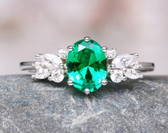 Vintage Emerald Ring- 925 Sterling Silver Floral Engagement Ring For Women- Unique Promise Ring- May Birthstone- Anniversary Gift For Her