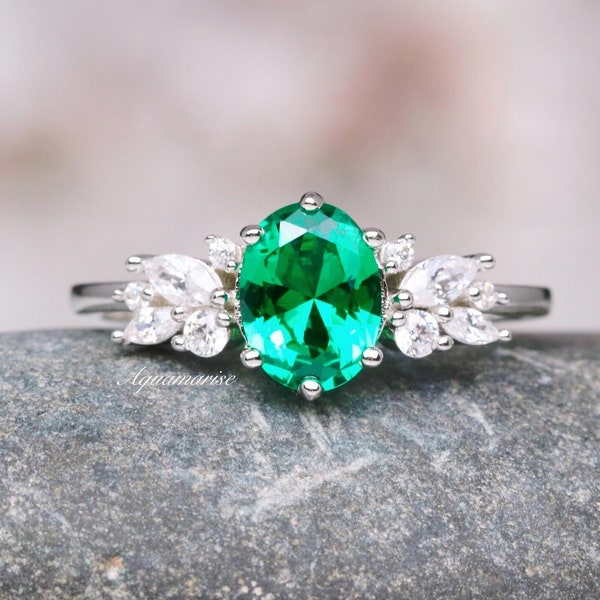 Vintage Emerald Ring- 925 Sterling Silver Floral Engagement Ring For Women- Unique Promise Ring- May Birthstone- Anniversary Gift For Her