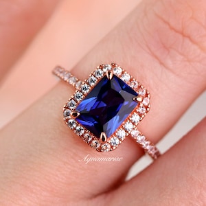 Ceylon Sapphire Ring- 14K Rose Gold Vermeil Ring- Emerald Cut Blue Sapphire Engagement ring- Promise Ring- September Birthstone Gift For Her