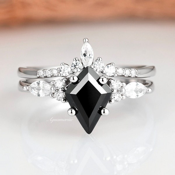 Skye Black Diamond Ring Set- Sterling Silver Kite Cut Black Onyx Engagement Ring For Women- Promise Ring- Anniversary Birthday Gift For Her