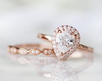 Pear Diamond Ring Set- 14K Rose Gold Vermeil Engagement Promise Ring For Women- Teardrop Wedding Ring Set- April Birthstone- Gift For Her