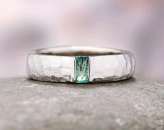 Green Moss Agate Hammered Men's Wedding Band Natural Moss Agate 925 Sterling Silver 5.5mm Wedding Band Brushed Comfort Fit Ring Gift For Him