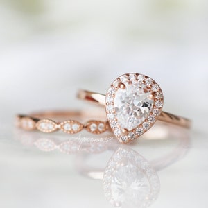 Pear Diamond Ring Set 14K Rose Gold Vermeil Engagement Promise Ring For Women Teardrop Wedding Ring Set April Birthstone Gift For Her image 2