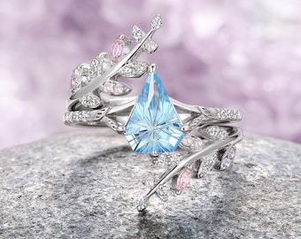 Aquamarine & Rose Quartz Engagement Ring Set- Sterling Silver Fantasy Shield Cut Aquamarine Promise Ring- March Birthstone- Anniversary Gift