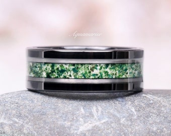 Green Moss Agate Wedding Band For Men- Black Tungsten Ring 8mm Comfort Fit Flat Polish Nature Wedding Ring Birthday Anniversary Gift For Him