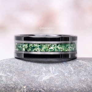 Green Moss Agate Wedding Band For Men- Black Tungsten Ring 8mm Comfort Fit Flat Polish Nature Wedding Ring Birthday Anniversary Gift For Him