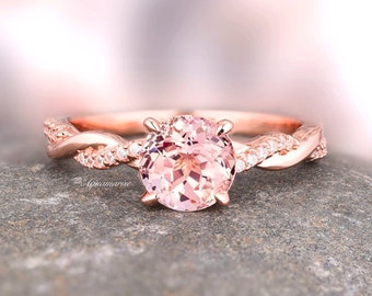 Anillo de morganita rosa rubor en anillo de compromiso rosa de vid retorcido vermeil de oro rosa de 14 qt para mujeres: regalo de aniversario de anillo de promesa delicado para ella