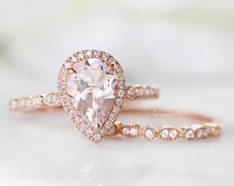 14K Solid Rose Gold Teardrop Morganite Ring- Engagement Ring- Promise Ring- Pear Morganite Diamond Engagement Ring-Anniversary Gift For Her