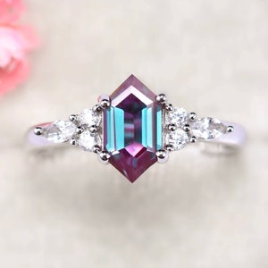 Sonnet Hexagon Alexandrite Ring- Sterling Silver Teal & Purple Alexandrite Engagement Ring- Promise Ring- June Birthstone- Unique Ring