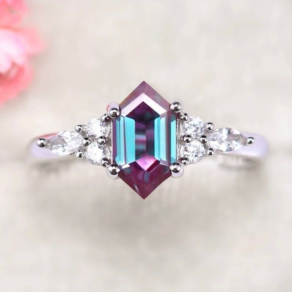 Sonnet Hexagon Alexandrite Ring- Sterling Silver Teal & Purple Alexandrite Engagement Ring- Promise Ring- June Birthstone- Unique Ring