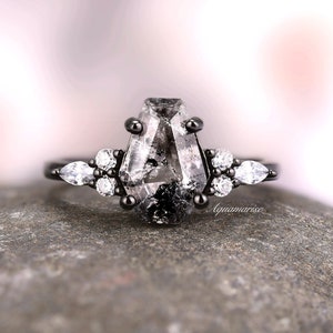 Galaxy Raw Salt & Pepper Diamond Ring- Coffin Cut Natural Herkimer Diamond Engagement Ring For Women Unique Bridal Promise Ring Black Filled