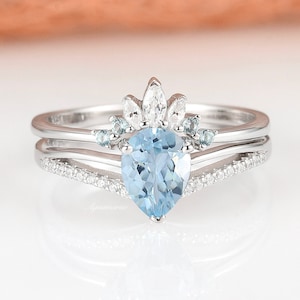 Vintage Aquamarine Ring Set- Sterling Silver Teardrop Aquamarine Engagement Promise Ring- March Birthstone- Anniversary Gift for Her