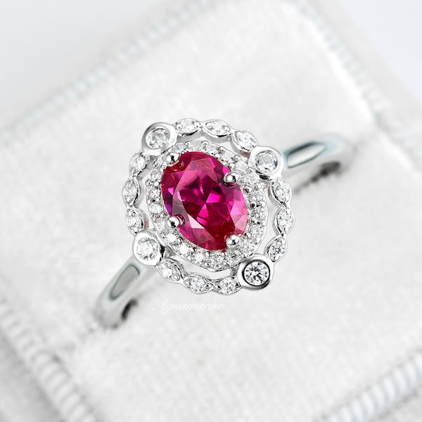 Vintage Ruby Ring- 925 Sterling Silver Genuine Ruby Engagement Ring For Women July Birthstone Dainty Promise Ring Anniversary Gift For Her