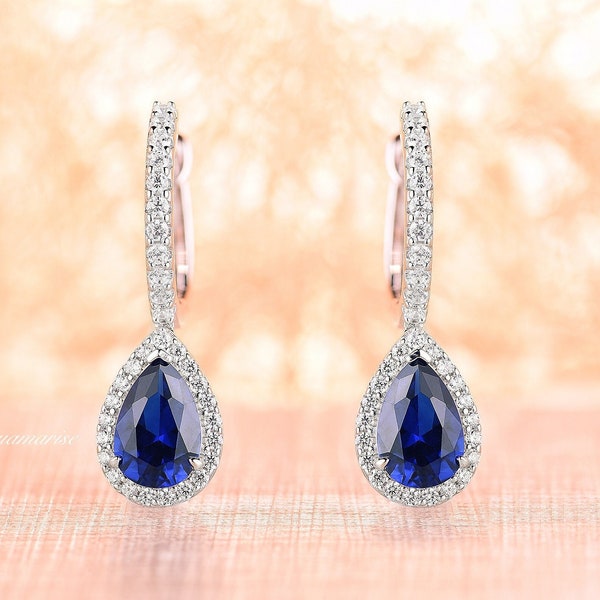 Teardrop Sapphire Earrings- Sterling Silver Royal Blue Sapphire Drop Earrings- Genuine Sapphire Earrings- Anniversary Gift- Birthday Gift