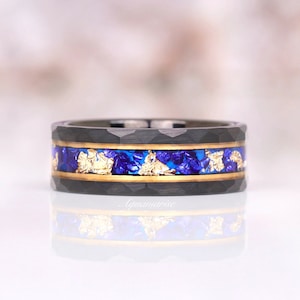 Blue Sapphire Gold Leaf Mens Wedding Band- Hammered Mens Sapphire Ring- 8mm Two Tone Tungsten Ring-  Gold Leaf Foil- Matte Black Gold Accent