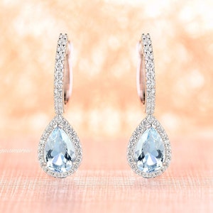 Teardrop Aquamarine Earrings- Sterling Silver Aquamarine Drop Earrings For Women- Bridal Gemstone Earrings- Anniversary Gift- Birthday Gift