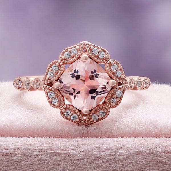 Morganite Engagement Ring Lab Created Cushion Cut Art Deco 14K Rose Gold Vermeil