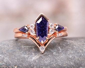 Coffin Kite Galaxy Sandstone Ring- 14K Rose Gold Vermeil Unique Goldstone Engagement Ring Set- Unique Promise Ring For Her Orion Nebula Ring