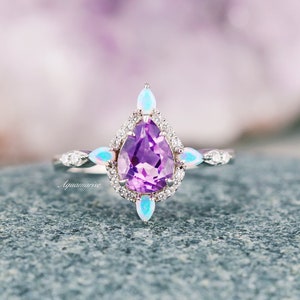 Natural Amethyst & Fire Opal Engagement Ring For Women- Sterling Silver Teardrop Galaxy Amethyst Promise Ring- February/ October Birthstone