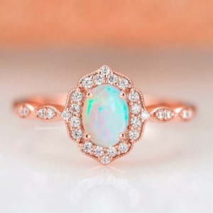 Vintage Natural Opal Ring- 14K Rose Gold Vermeil Australian Opal Engagement Ring For Women- Promise Ring October Birthstone Anniversary Gift