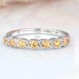 Citrine Wedding Band- Sterling Silver Band- Vintage Wedding Band- Milgrain Design Ring- Matching Band- Stacking Ring-Birthstone Ring