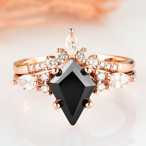 Skye Black Diamond Ring Set- 14K Rose Gold Vermeil Kite Black Onyx Engagement Ring For Women- Dainty Promise Ring- Anniversary Gift For Her