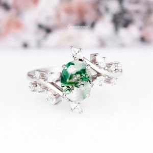 Bague feuille d'émeraude en agate mousse verte - Bague de fiançailles en agate naturelle en argent sterling 925 pour femme, bague de promesse unique, cadeau d'anniversaire pour elle