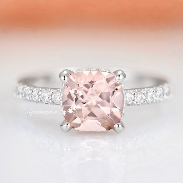 Cushion Cut Morganite Ring- Hidden Halo Morganite Engagement Ring For Women Promise Ring- Pink Gemstone- Anniversary Gift Sterling Silver