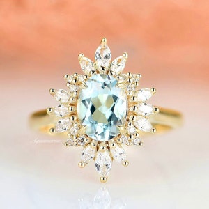 Aurora Natural Aquamarine Engagement Ring- 14K Solid Yellow Gold Ring- Aquamarine Promise Ring- March Birthstone Blue Gemstone Vintage Ring
