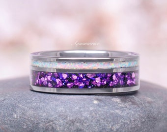 Amethyst & Galaxy Fire Opal Men's Wedding Band- Crab Nebula Tungsten Carbide Wedding Ring- Outer Space Ring Comfort Fit Wedding Ring For Him