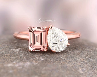 Morganite & Diamond Ring Engagement For Women- 14K Rose Gold Vermeil Vintage Toi Et Moi Promise Ring- Antique Ring Anniversary Gift For Her