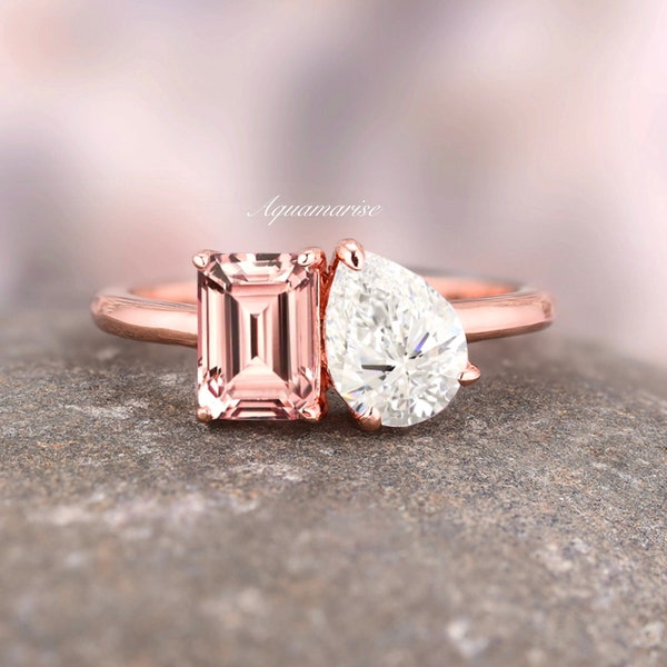 Morganite & Diamond Ring Engagement For Women- 14K Rose Gold Vermeil Vintage Toi Et Moi Promise Ring- Antique Ring Anniversary Gift For Her