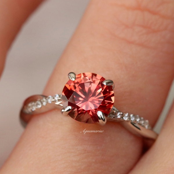 Natural Orange Sapphire Ring- Sterling Silver Gemstone Engagement Ring For Women- Promise Ring September Birthstone Anniversary Gift For Her