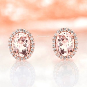 Oval Morganite Stud Earrings- 14K Rose Gold Vermeil Earrings For Women- Peachy Pink Gemstone Earrings- Anniversary Birthday Gift for Her