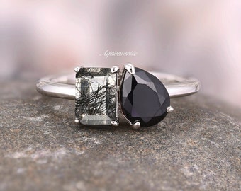 Anillo de compromiso de cuarzo rutilado y diamante negro para mujer- Toi Et Moi plata de ley cuarzo natural negro ónix promesa anillo de boda