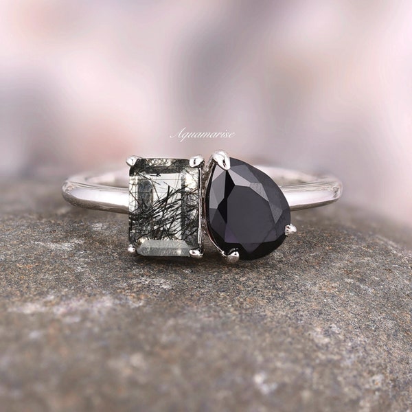 Rutilated Quartz & Black Diamond Engagement Ring For Women- Toi Et Moi Sterling Silver Natural Quartz  Black Onyx Promise Ring Wedding Ring