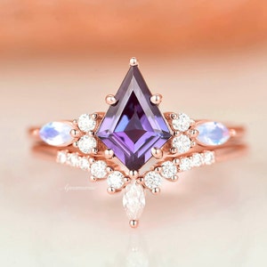 Skye Kite Alexandrite Ring Set- Alexandrite & Moonstone Engagement Ring- 14K Rose Gold Vermeil June Birthstone Anniversary Gift For Her