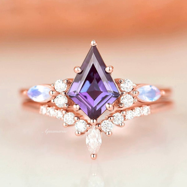 Skye Kite Alexandrite Ring Set- Alexandrite & Moonstone Engagement Ring- 14K Rose Gold Vermeil June Birthstone Anniversary Gift For Her