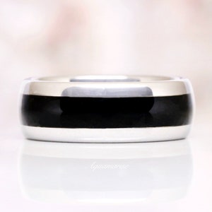 Black Onyx Men&#39;s Wedding Band- Black Diamond Ring- Silver Tungsten 8mm Men Wedding Ring Crushed Black Onyx- Polished- Dome- Comfort Fit Ring