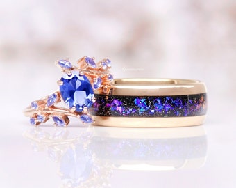 Orion Nebula & Cornflower Sapphire Leaf Couples Ring- His and Hers Ring Set- Rose Gold Wedding Bands with Sapphire- Outer Space Couples Ring